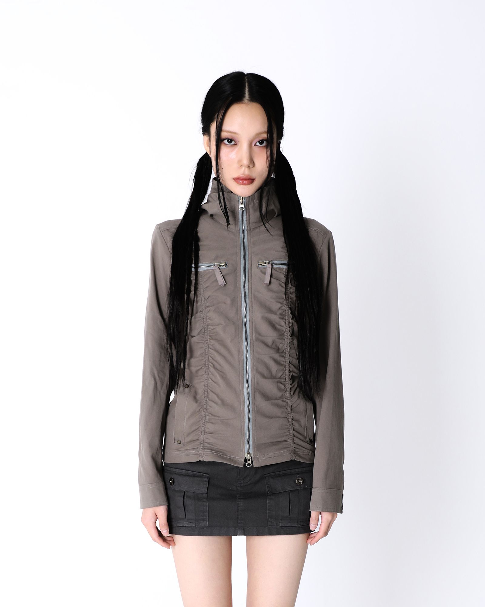 MUSINSA | SIO Shirring two-way zipper jacket [khaki]
