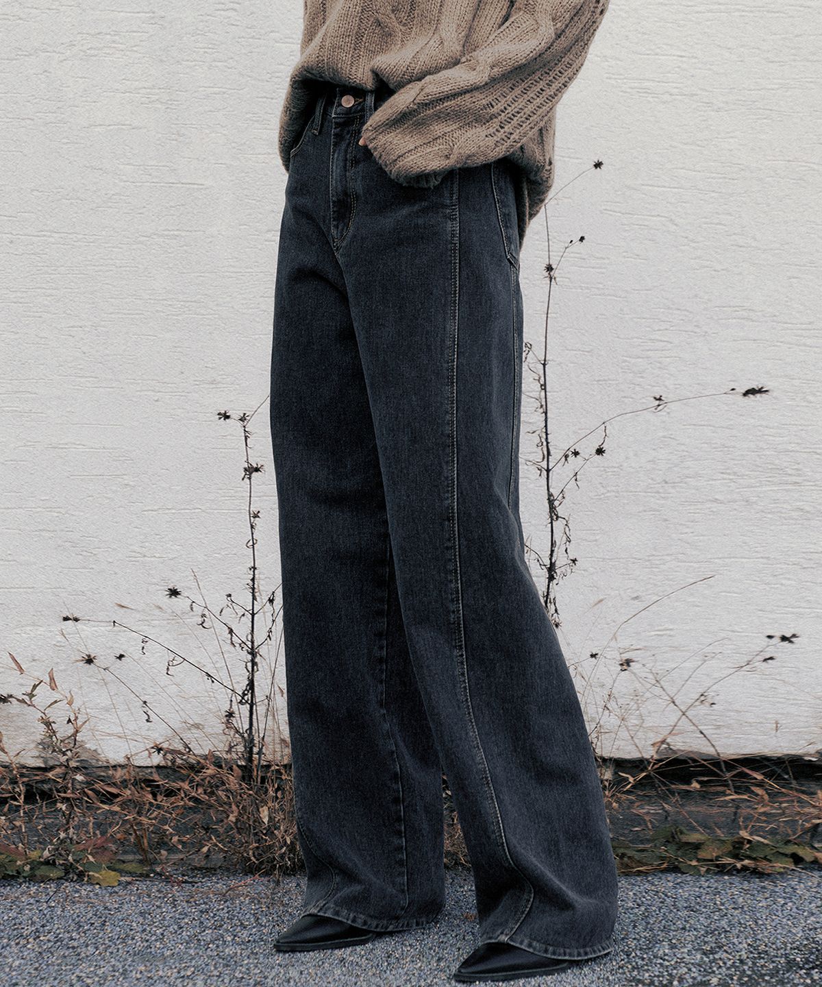 니브(NEEV) Line Point Vintage Washing Wide Denim Pants (Black)