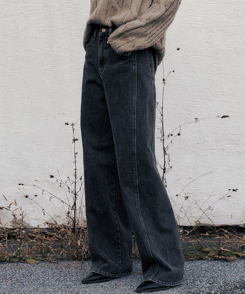 Line Point Vintage Washing Wide Denim Pants (Black)