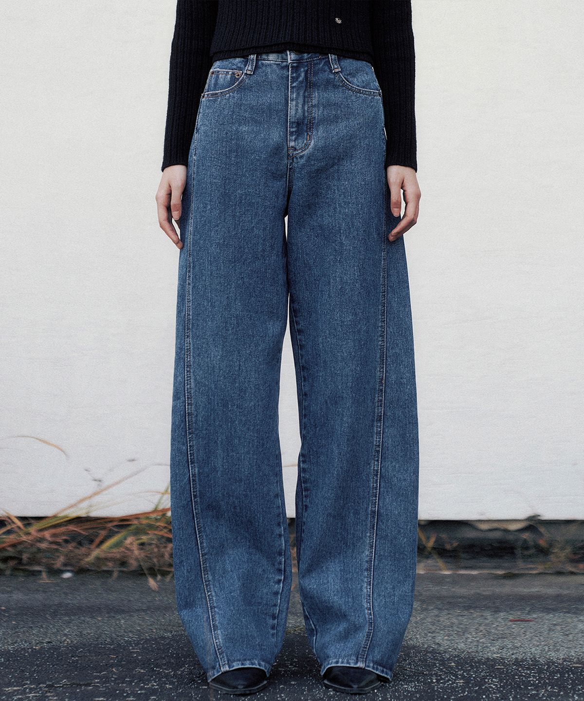 니브(NEEV) Line Point Vintage Washing Wide Denim Pants (Blue)