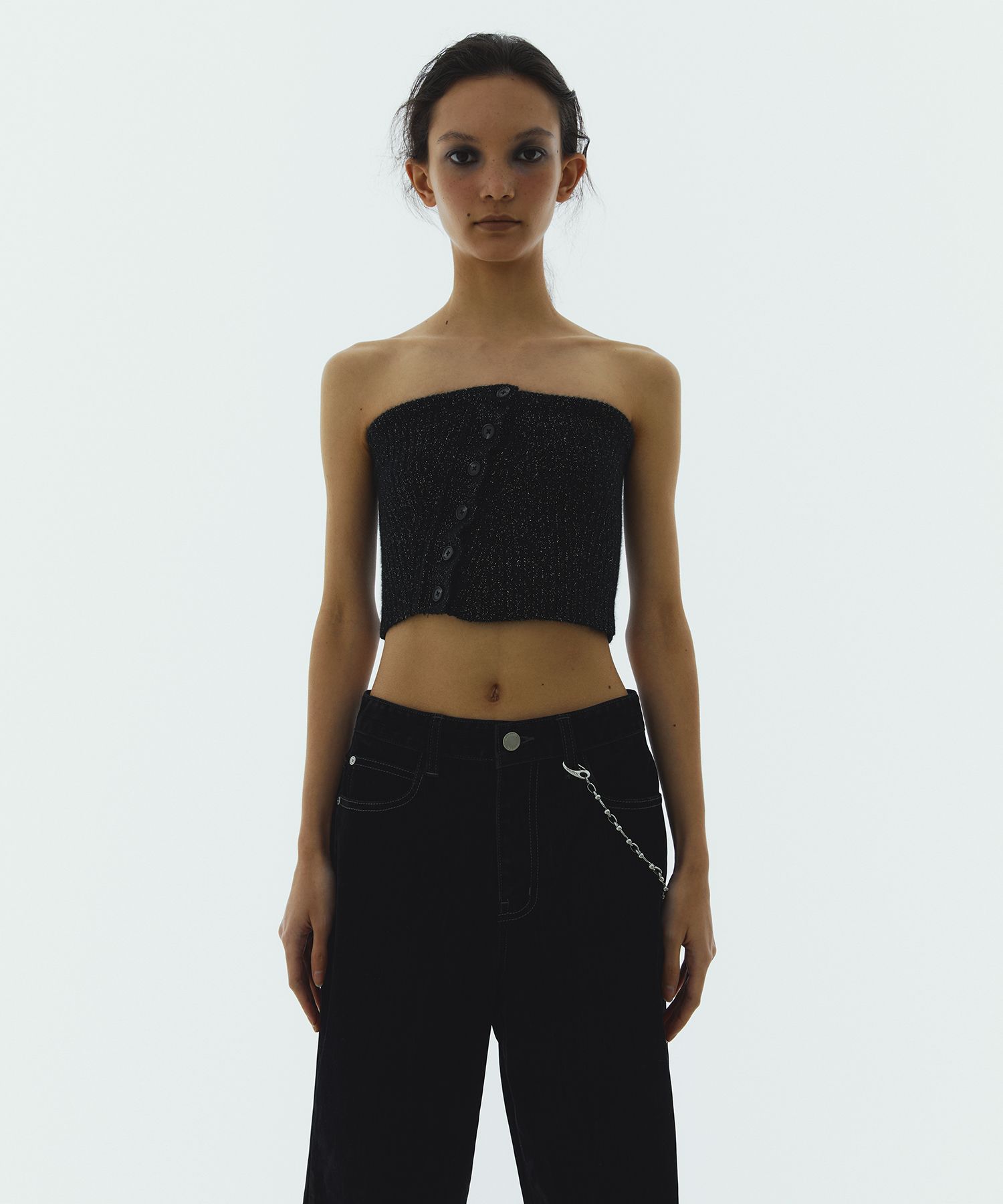 MUSINSA公式 | DIAGONAL GLITTERING KNIT TUBE TOP (black)
