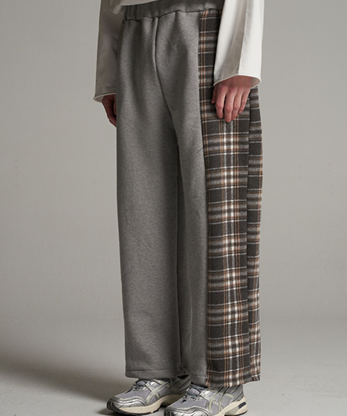 테네르(TENER) Check color combination wide banding pants gray