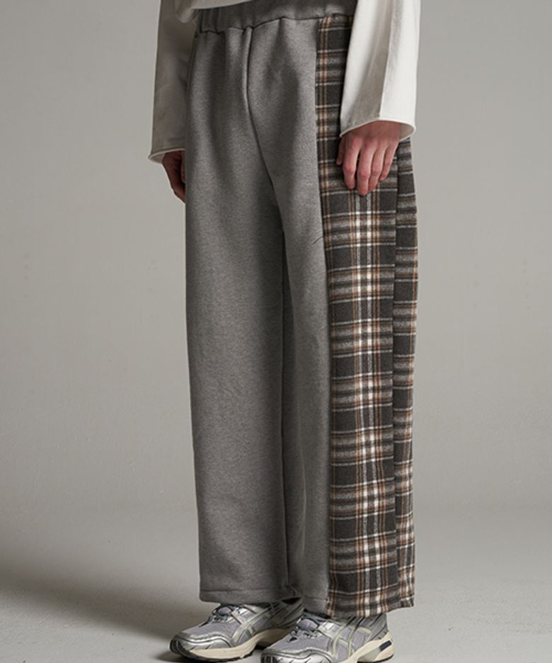 Check color combination wide banding pants gray