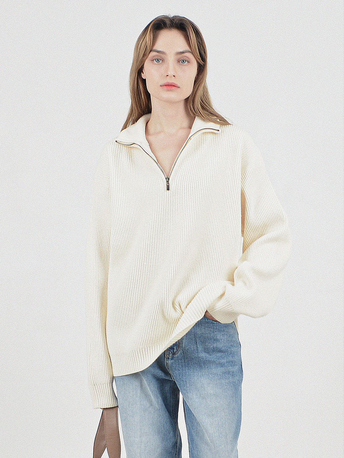 챈세스노이(CHANCE'S NOI) Modal Knit Half Zip-up (Cream)