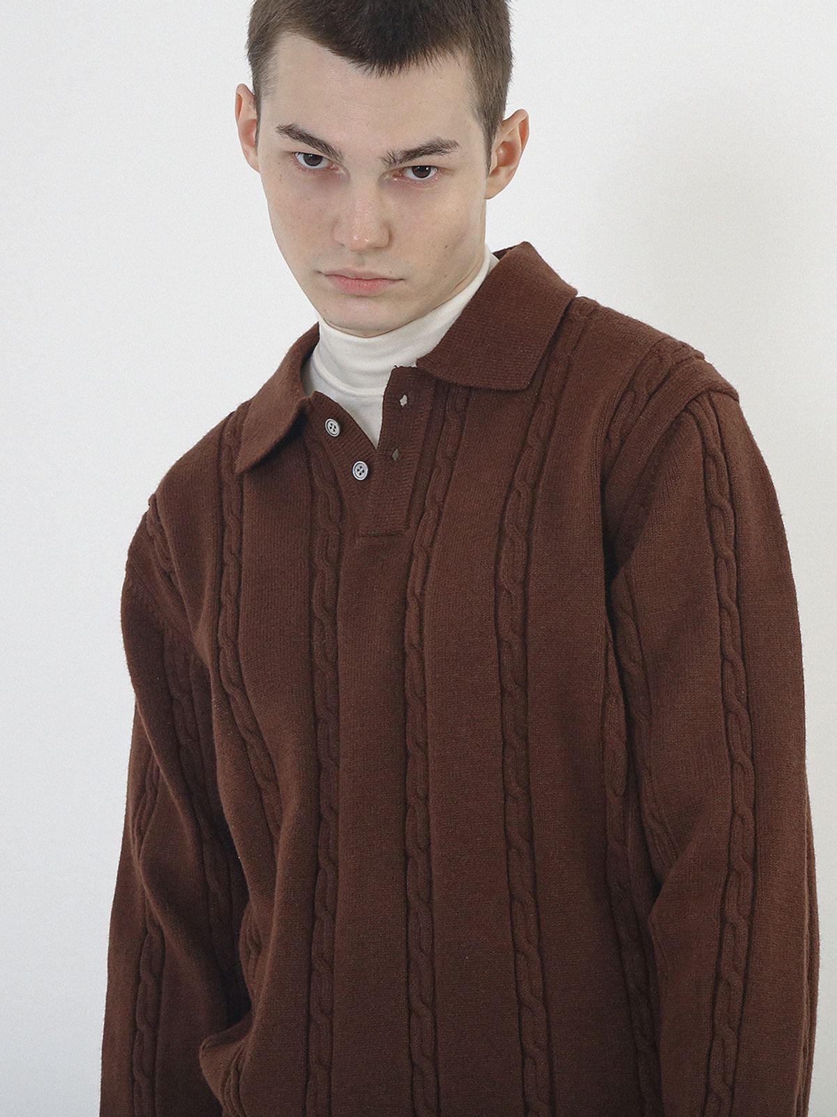 챈세스노이(CHANCE'S NOI) Modal Cable Collar Knit (Brown)