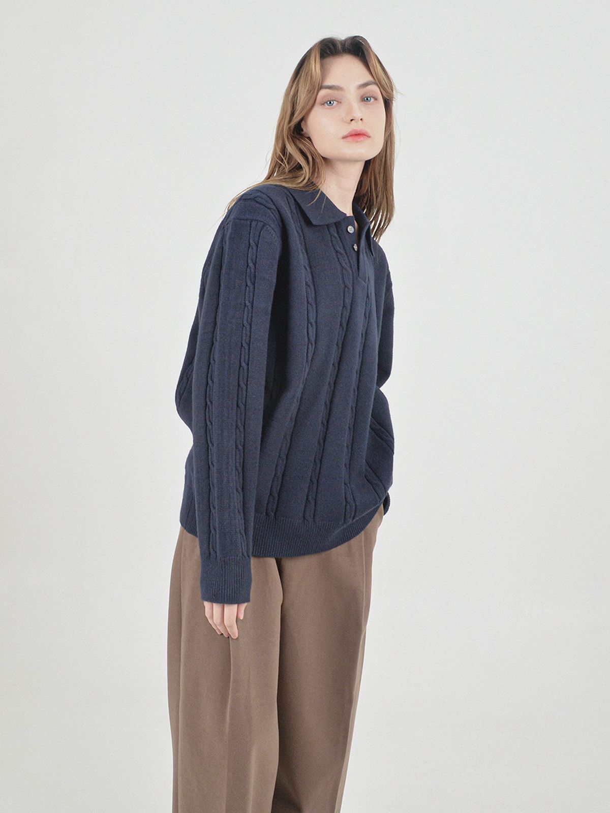 챈세스노이(CHANCE'S NOI) Modal Cable Collar Knit (Navy)