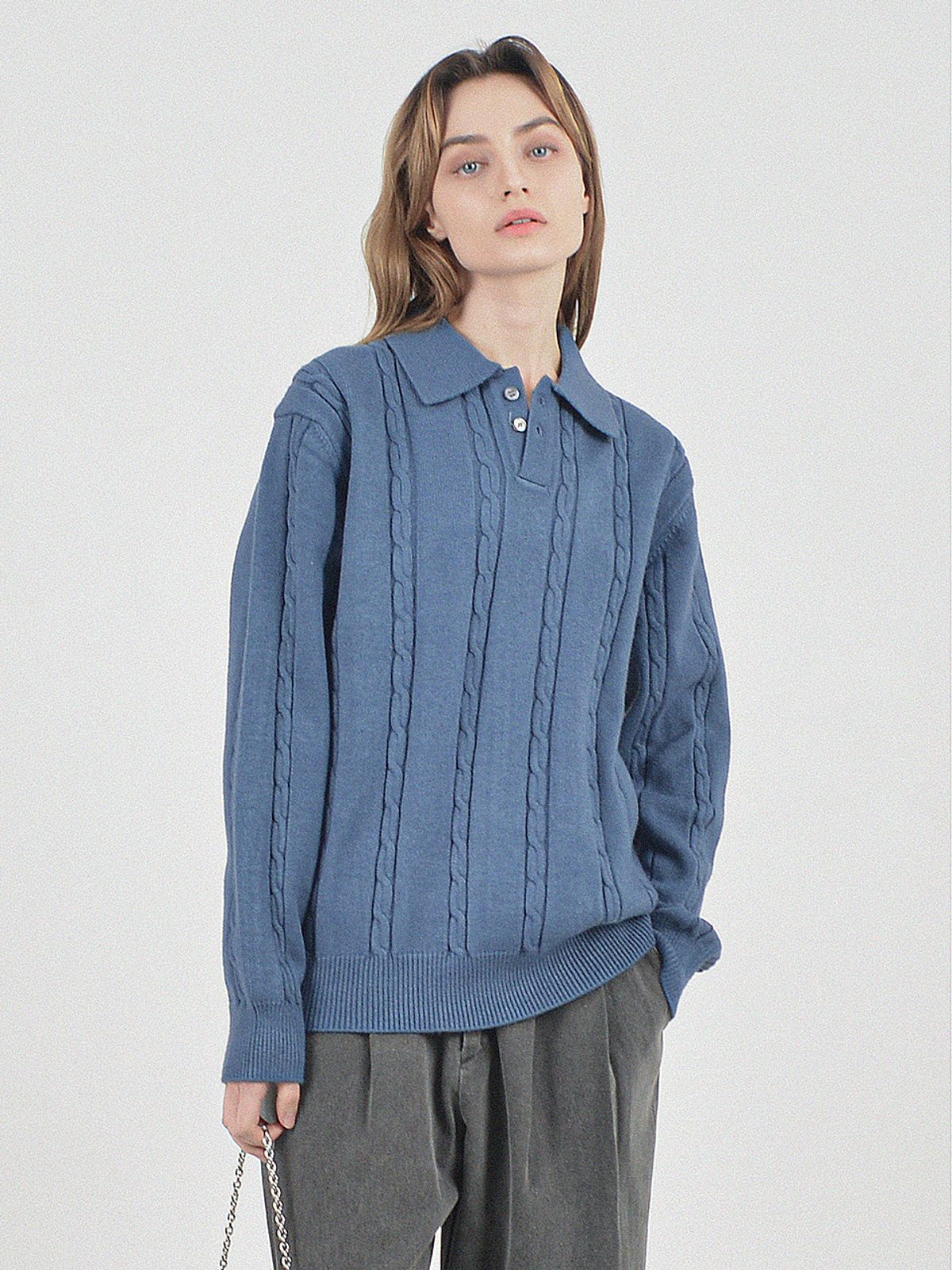 챈세스노이(CHANCE'S NOI) Modal Cable Collar Knit (Blue)