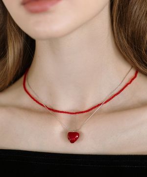 [2 set] HW006 Heart & red bead layered necklace