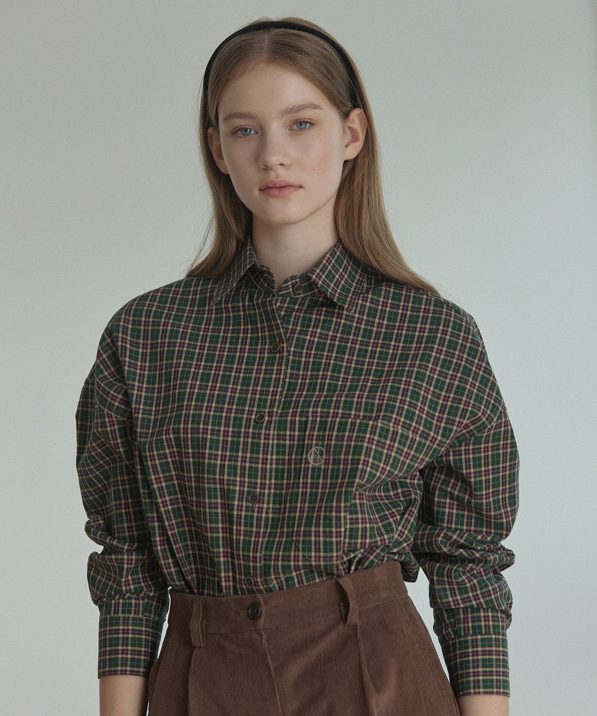 논로컬(NONLOCAL) Emblem Logo Check Shirt - Green
