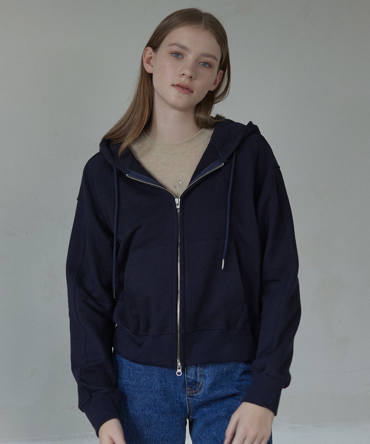 논로컬(NONLOCAL) Emblem Logo Hood Zip-Up - Navy