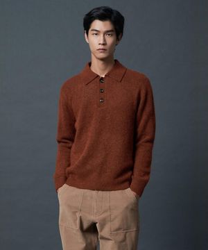Wool Blended Fancy Yarn Polo Neck Sweater  Brick