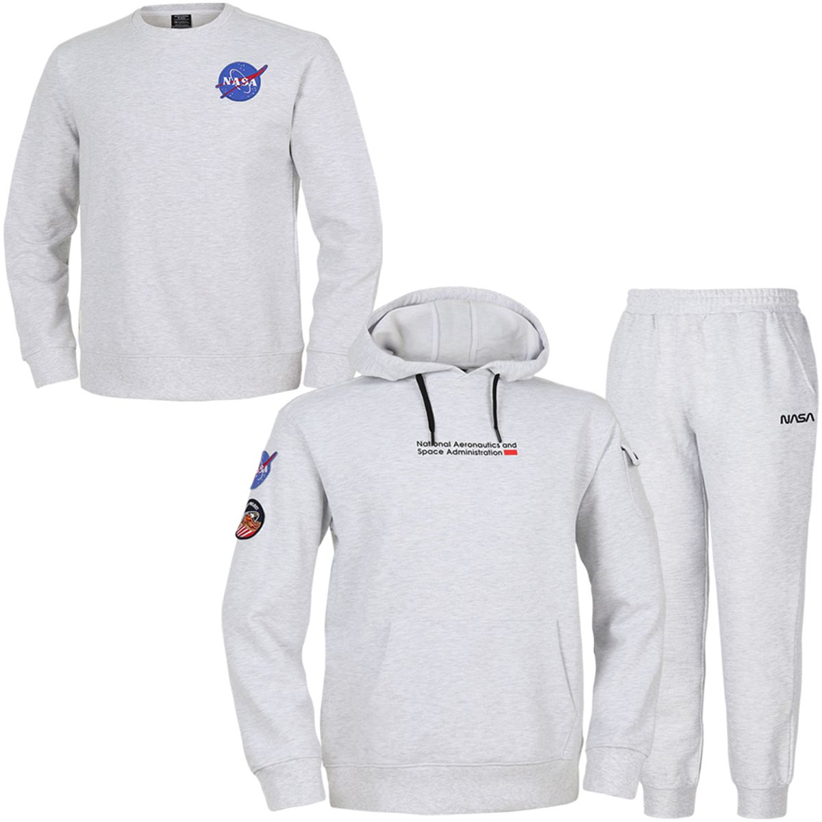 나사(NASA) 남녀공용 스탠다드 스웨트 와펜 후드티+조거팬츠+맨투맨 3종 세트 [멜란지화이트]