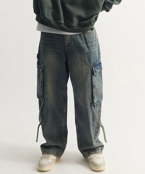 스트랩 워시드 와이드 카고 데님 팬츠