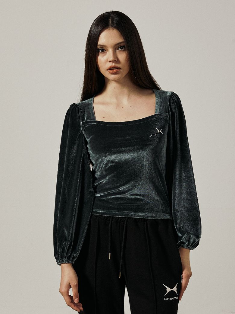 VELVET SQUARE-NECK LONG SLEEVE [GREEN]