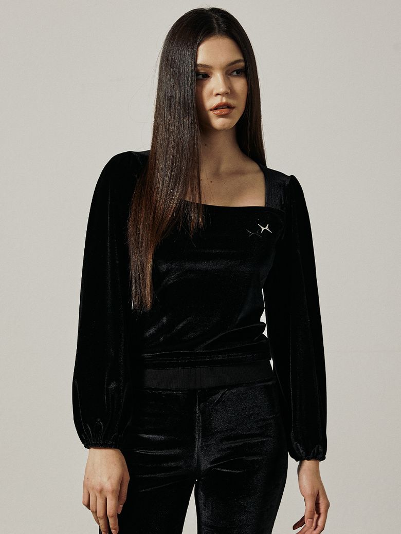 VELVET SQUARE-NECK LONG SLEEVE [BLACK]