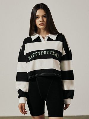STRIPE CROP COLLAR SWEAT SHIRTS [IVORY]