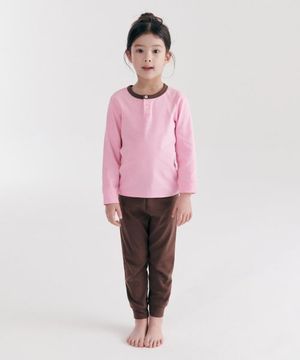 컬러 블록 헨리 넥 실내복 세트 [핑크/브라운]