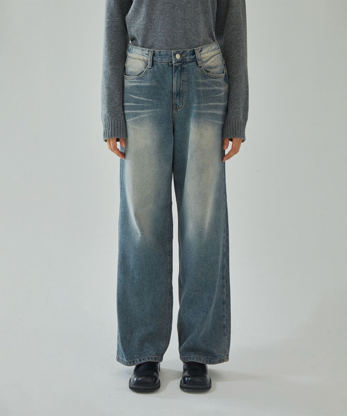 핀블랙(PINBLACK) 워시드 포인트 와이드 데님 팬츠 블루