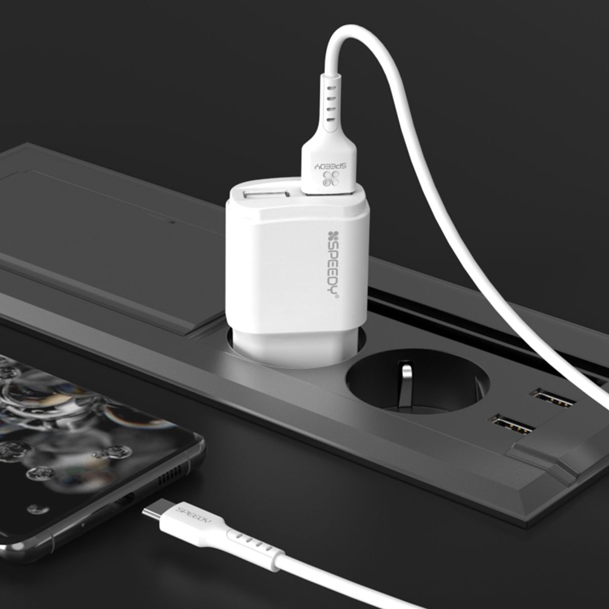 스피디(SPEEDY) 2포트 5V 2A 저전력 저속 USB 멀티 충전기(+C타입 케이블)