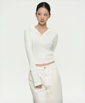 우먼즈 리브드 슬림 후디드 긴소매 티셔츠 [아이보리]