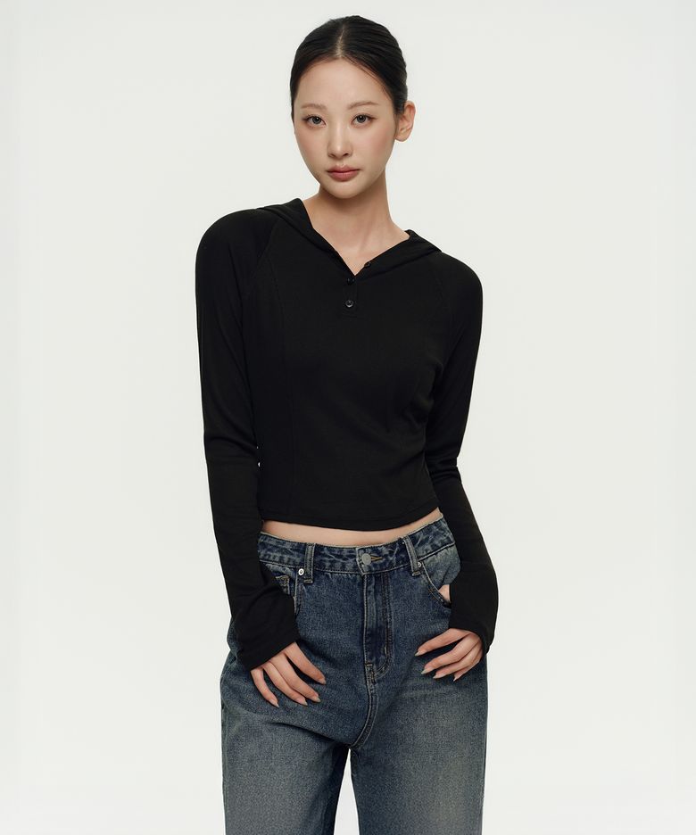 우먼즈 리브드 슬림 후디드 긴소매 티셔츠 [블랙]
