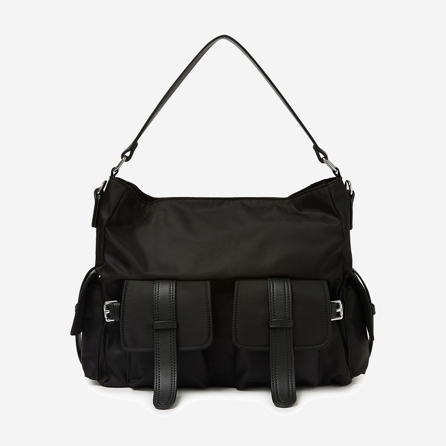 LEATHER POCKET SHIRRING RIBBON BAG BLACK