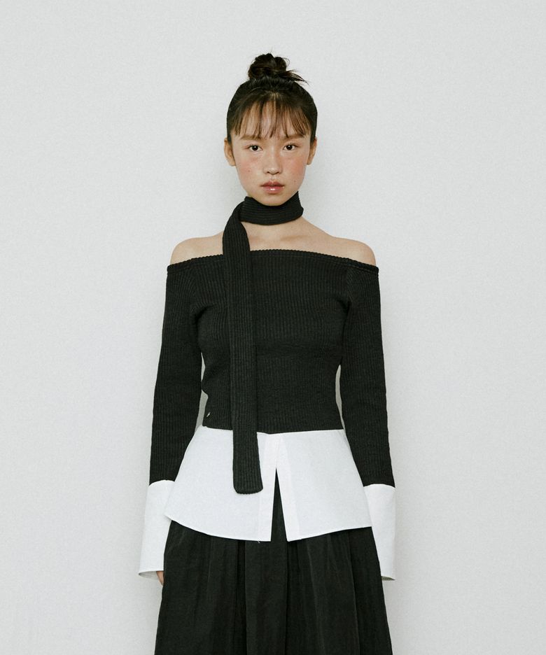 layered shirt off shoulder top (black)