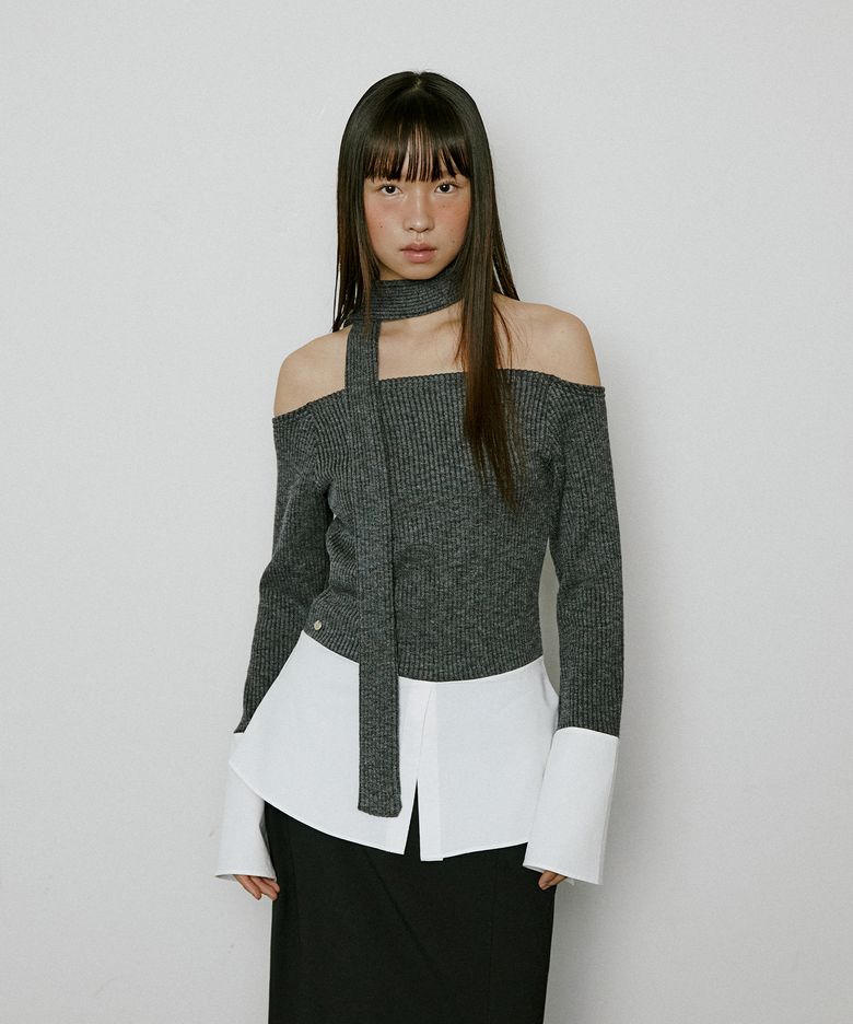 layered shirt off shoulder top (charcoal)