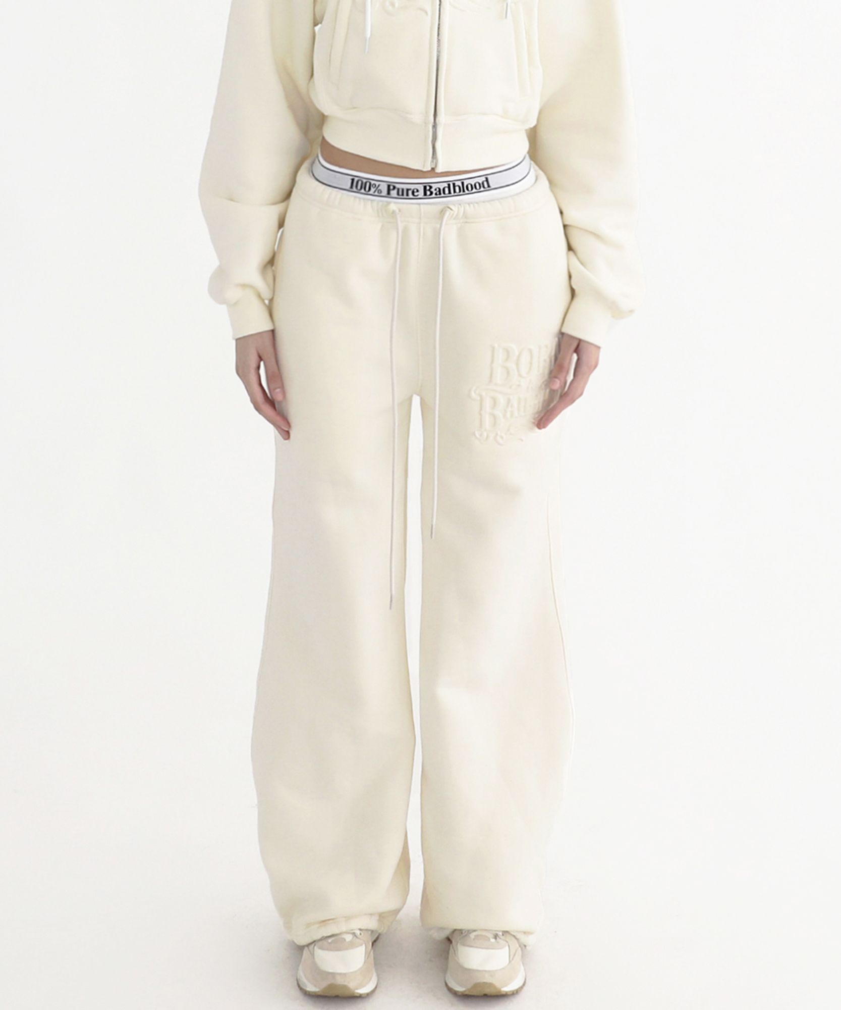◎BADBLOOD◎ Emboss logo jogger trousers brushed cream w-pts MUSINSA | BADBLOOD Embossed Logo Jogger Trousers (Brushed