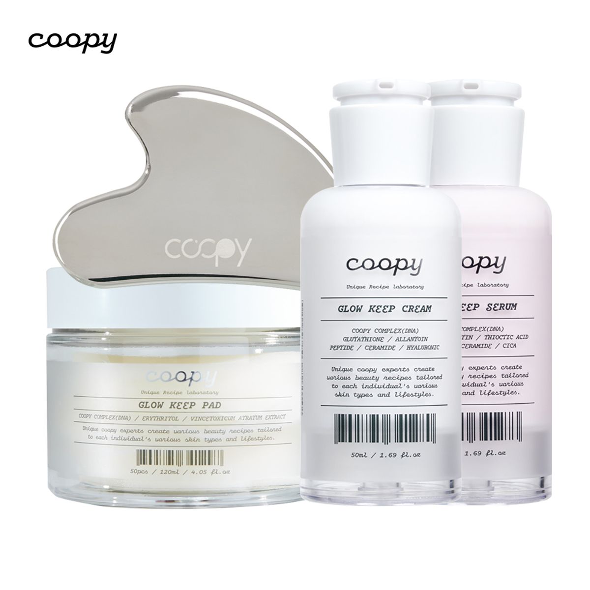 쿠피(COOPY) 글로우 킵 물광 SET 크림+세럼+패드 120ml/50매+하트 스틸 괄사