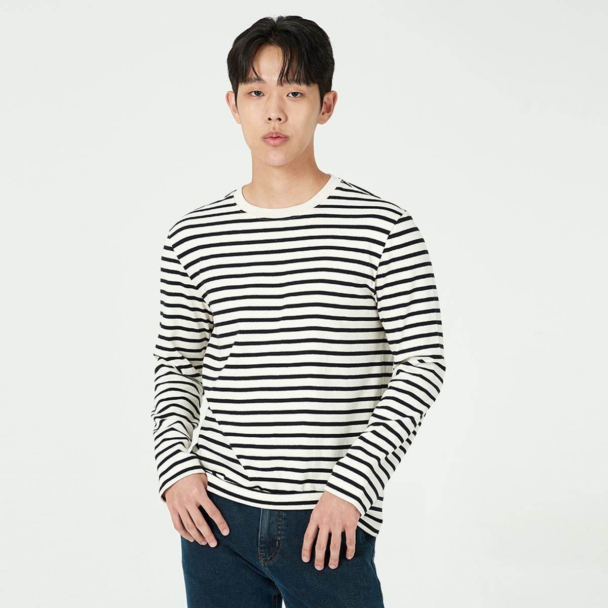 잠뱅이(JAMBANGEE) 남성) 선염 스트라이프 긴팔 티셔츠(세미오버핏)_DN3WTS508-OW