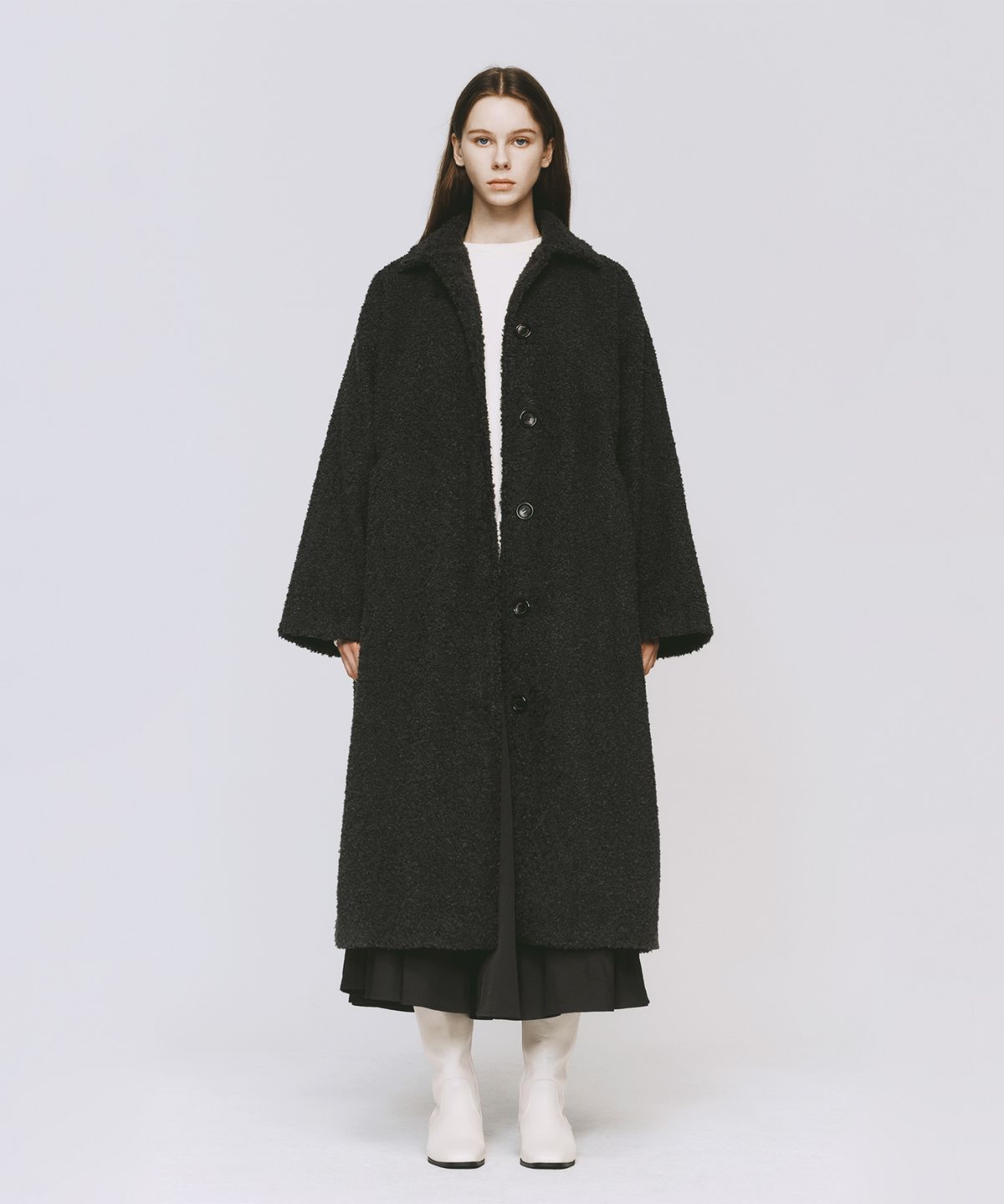 모노포비아(MONOPHOBIA) FLUFFY FLEECE LONG COAT DARK GREY 뽀글이 플리스 롱코트