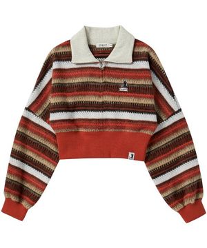 [ WOMAN ] KNIT STRIPE HALF ZIP-UP ORANGE