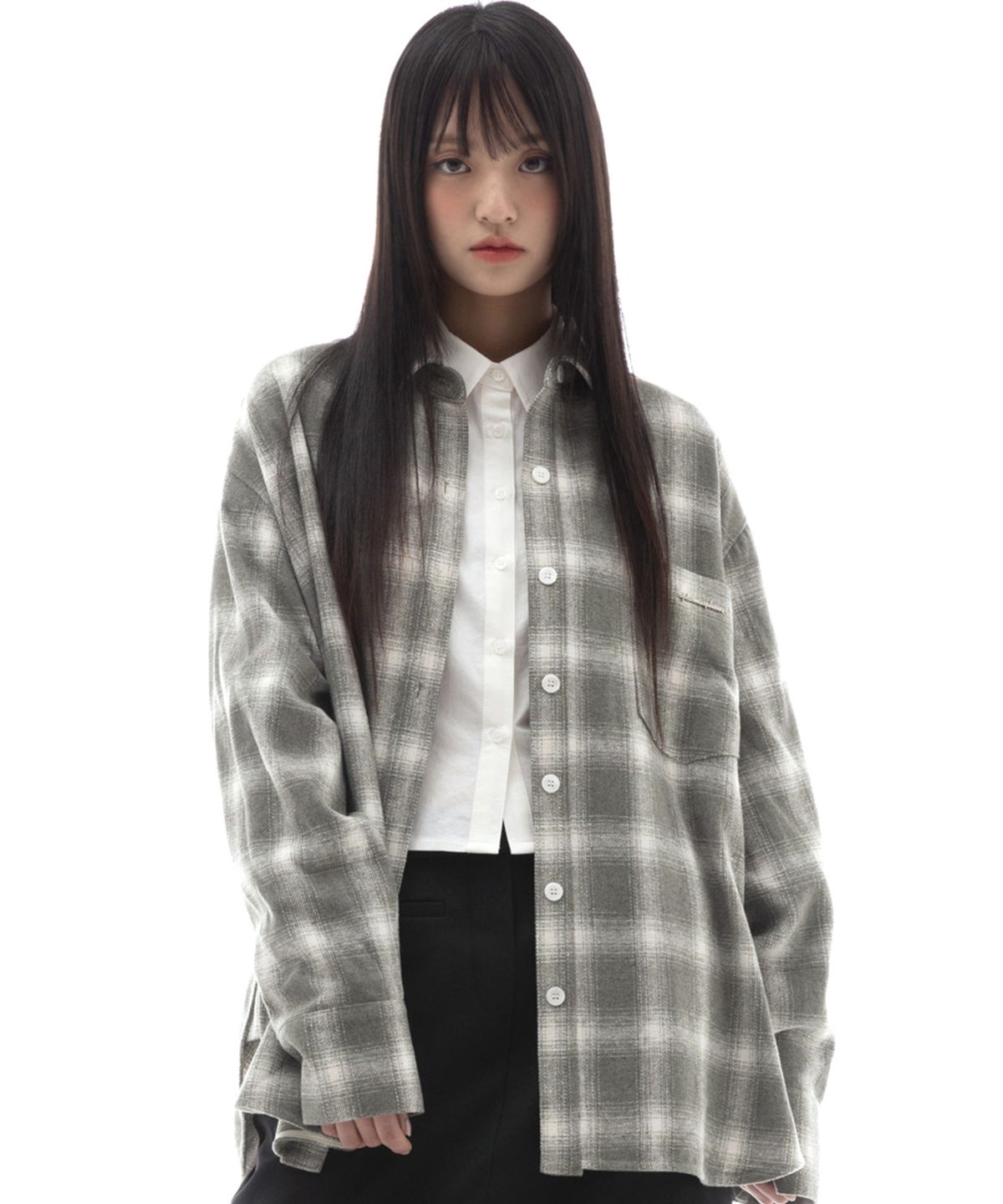 플라즈마스페어(PLASMA SPHERE) INK SHIRT IN MINT GREY(오버핏 체크 셔츠)