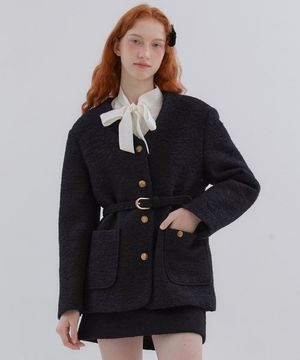 ANC COLLARLESS BELT TWEED JACKET_BLACK
