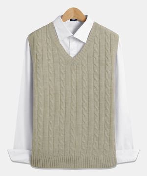 레귤러핏 꽈배기 브이넥 니트조끼 베이지