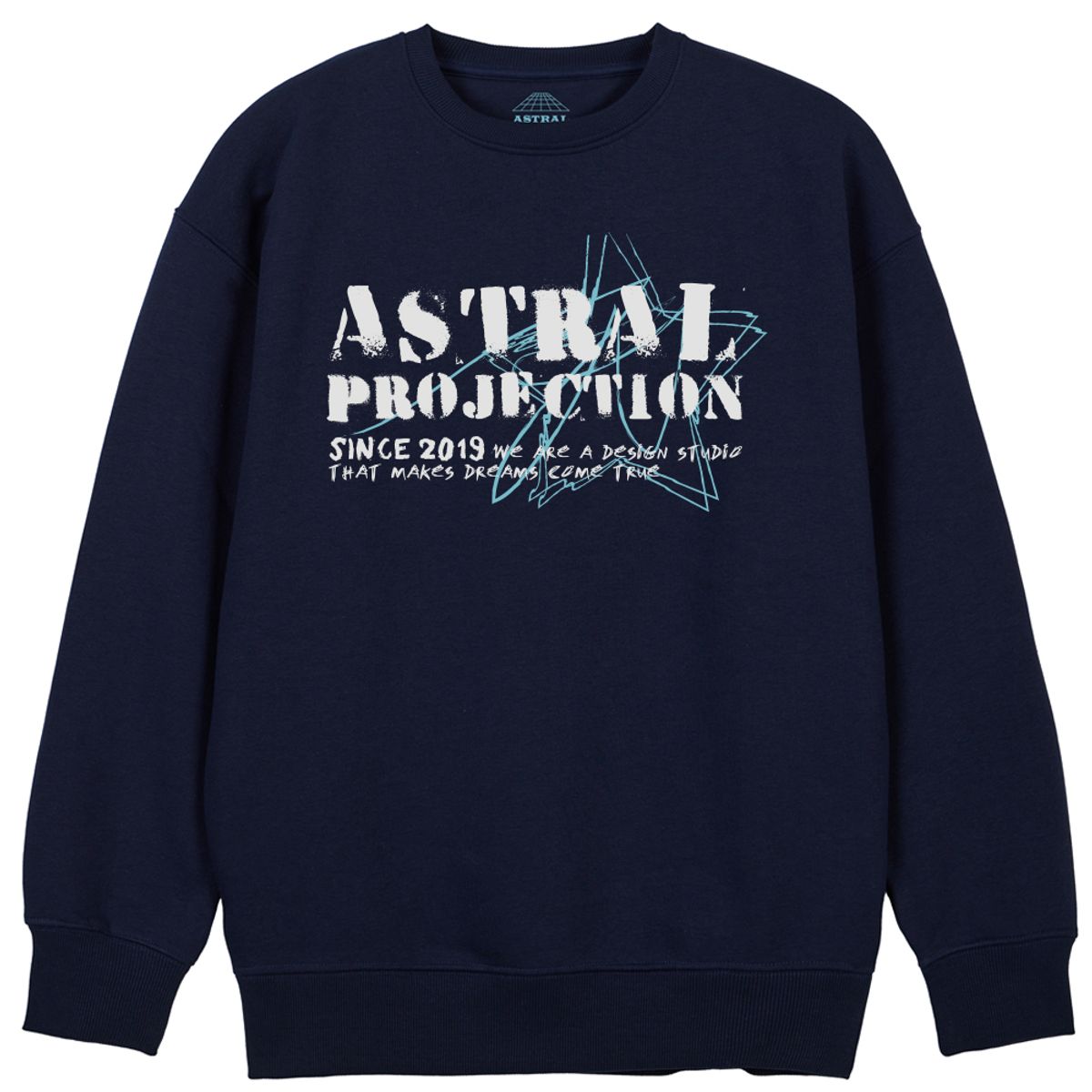 아스트랄 프로젝션(ASTRAL PROJECTION) 빈티지 레터링 루즈핏 맨투맨_네이비