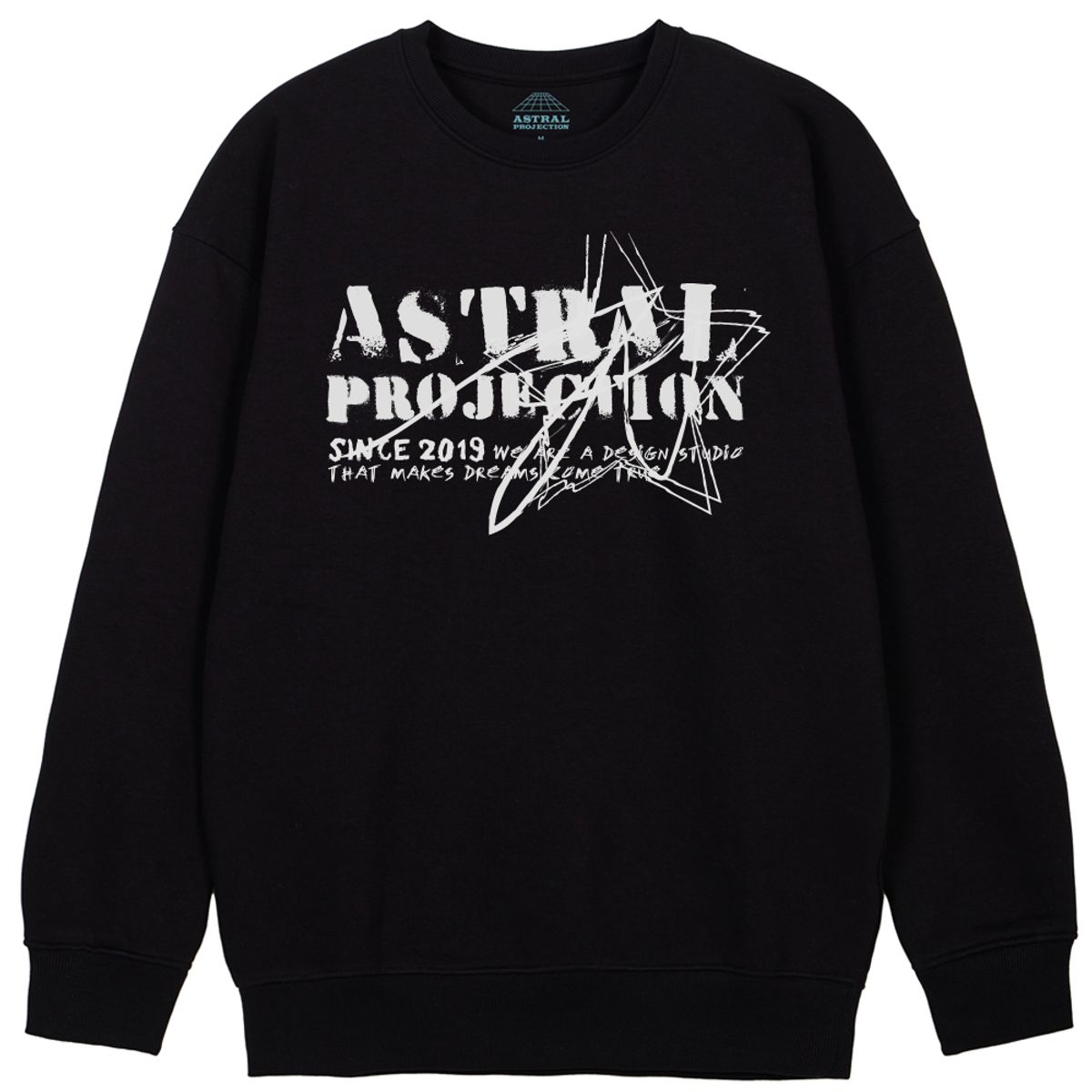 아스트랄 프로젝션(ASTRAL PROJECTION) 빈티지 레터링 루즈핏 맨투맨_블랙