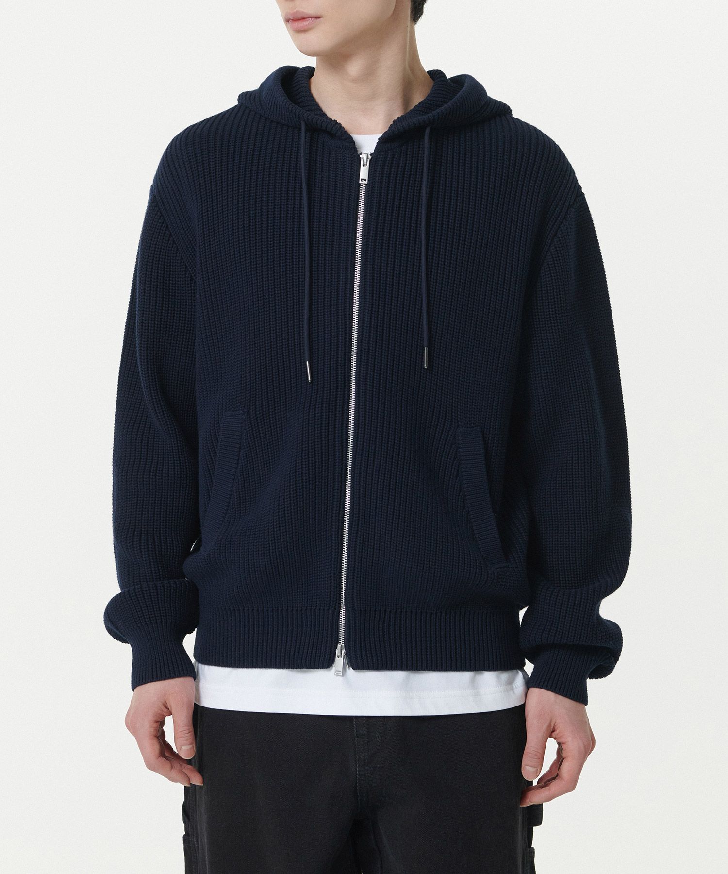 MUSINSA | MUSINSA STANDARD Ribbed knit hooded zip-up [navy]