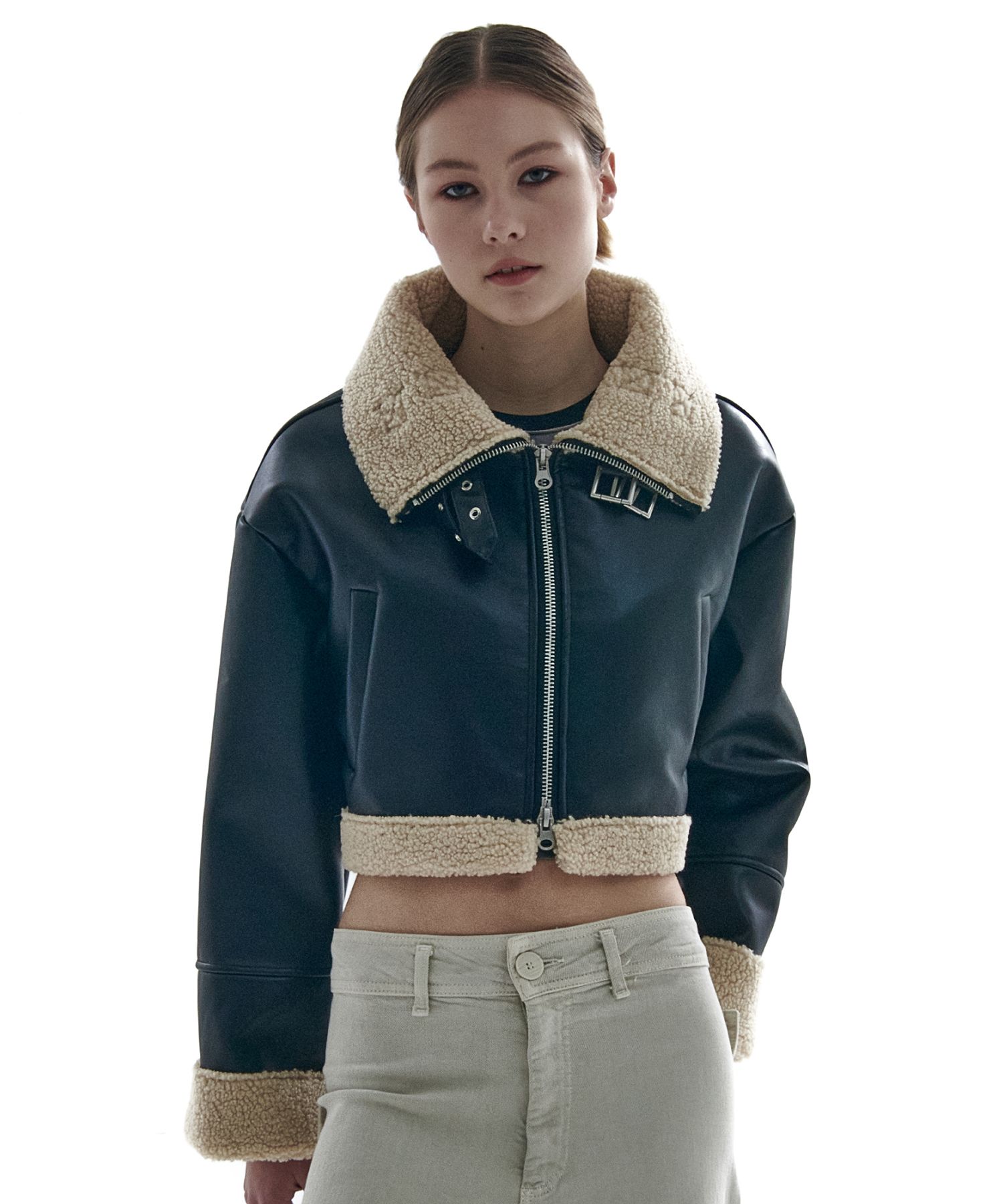 ジャケット [PLACE STUDIO] VEGAN LEATHER WOOL FLEECE BELTED CROP JACKET MUSINSA | PLACE STUDIO Vegan Leather Fleece Belted Crop