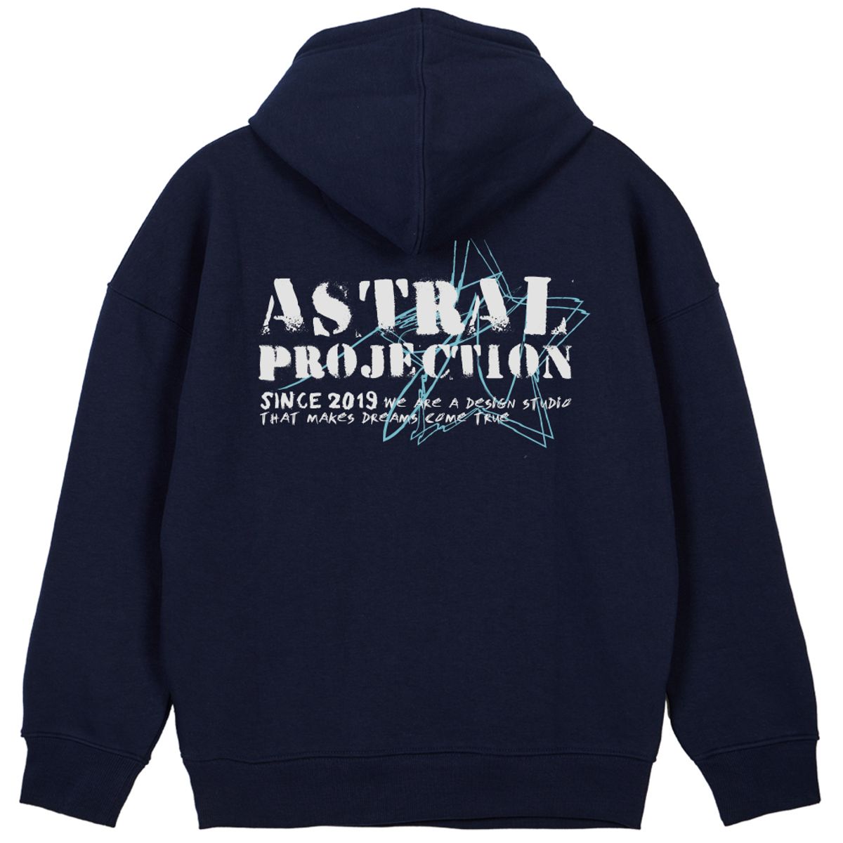 아스트랄 프로젝션(ASTRAL PROJECTION) 빈티지 레터링 오버핏 와이드 숄더 후디_네이비