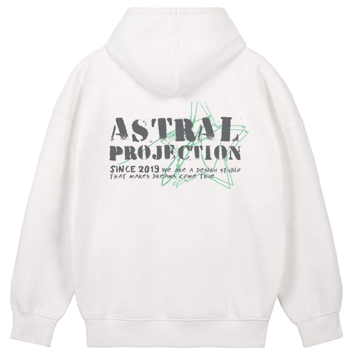 아스트랄 프로젝션(ASTRAL PROJECTION) 빈티지 레터링 오버핏 와이드 숄더 후디_화이트