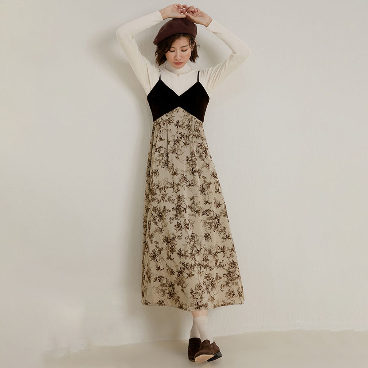 랭썬(LANGSON) LS_Maple velvet stitched dress