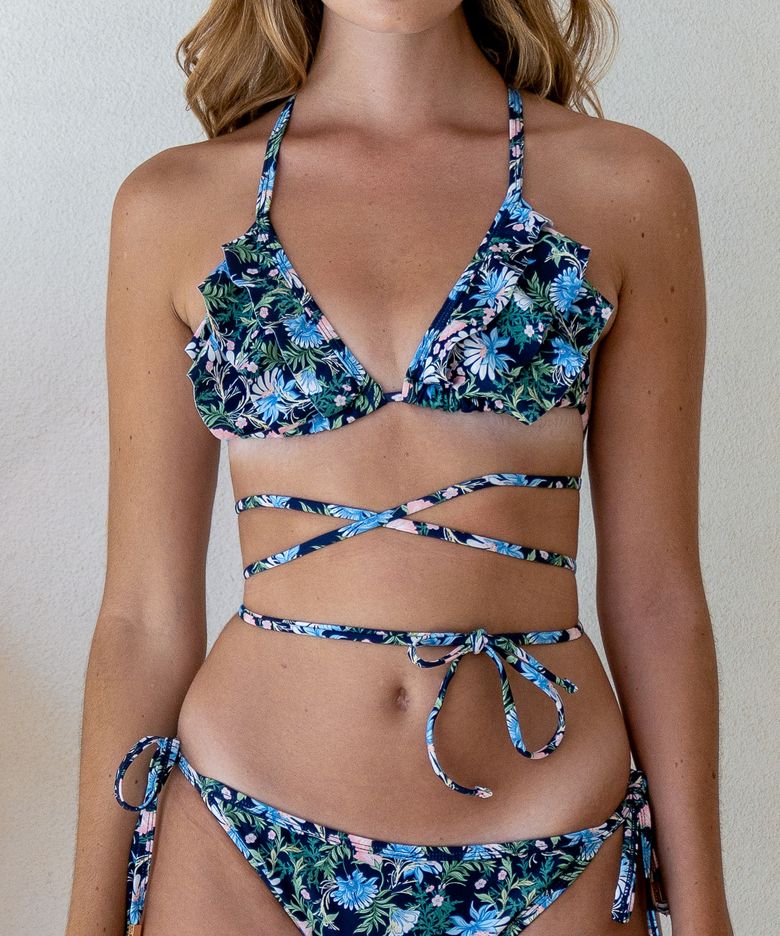Morgan Navy Ruffle-trimmed Floral Bikini Top