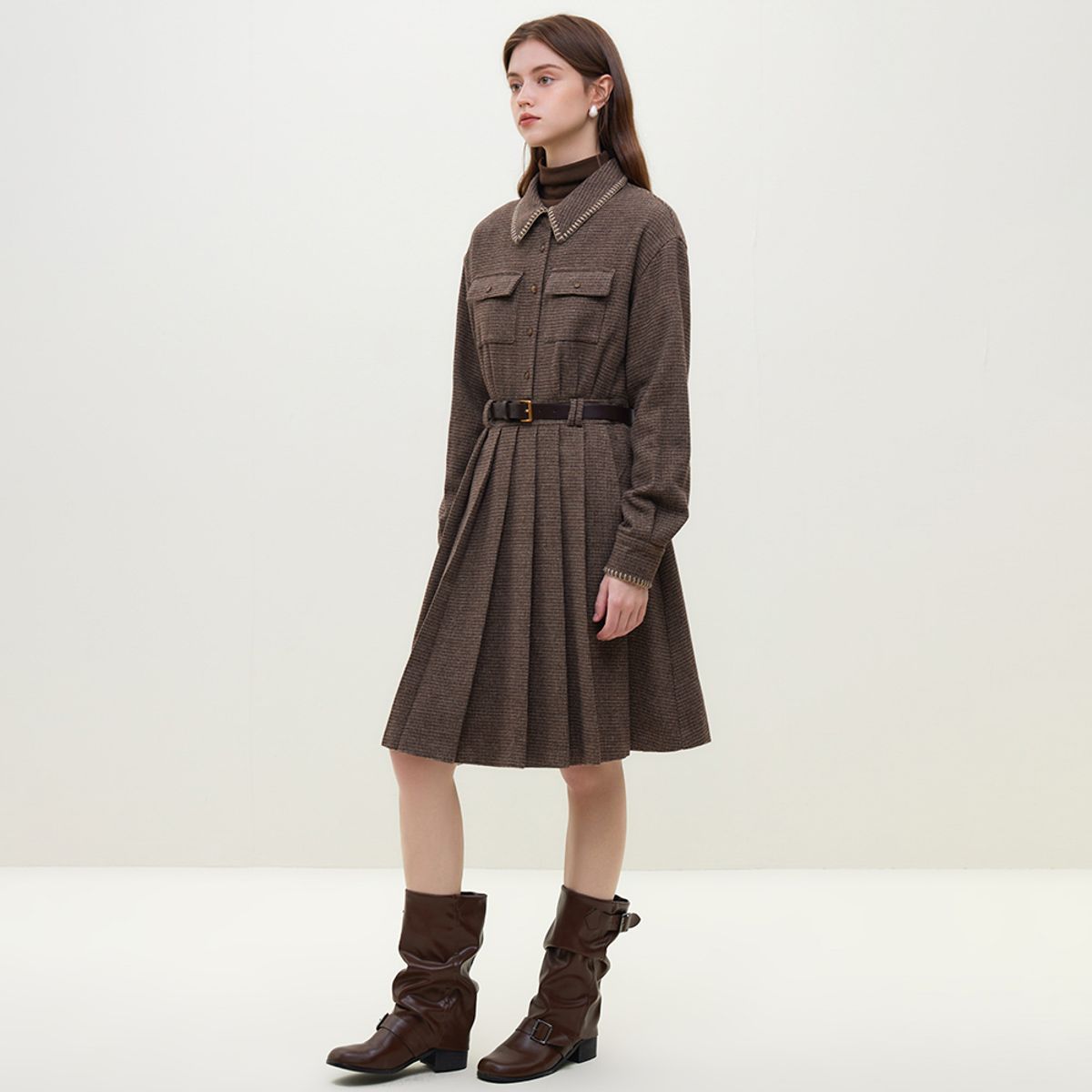 웬스데이딜라잇(WEDNESDAY DELIGHT) WD_Brown plaid woolen shirt dress