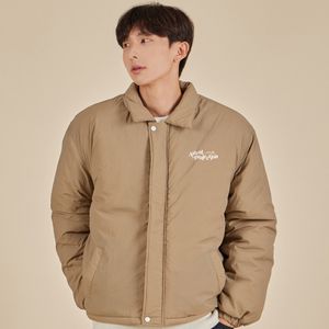 매직 레터링 로고 스탠 칼라 패딩 자켓_베이지