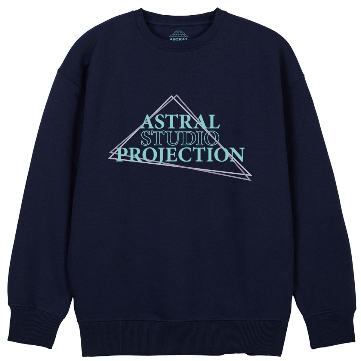 아스트랄 프로젝션(ASTRAL PROJECTION) 트라이앵글 로고 레터링 루즈핏 맨투맨_네이비