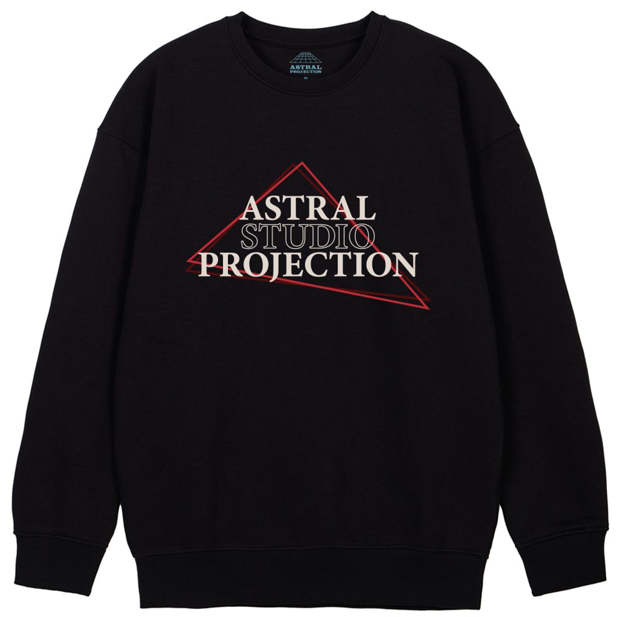 아스트랄 프로젝션(ASTRAL PROJECTION) 트라이앵글 로고 레터링 루즈핏 맨투맨_블랙