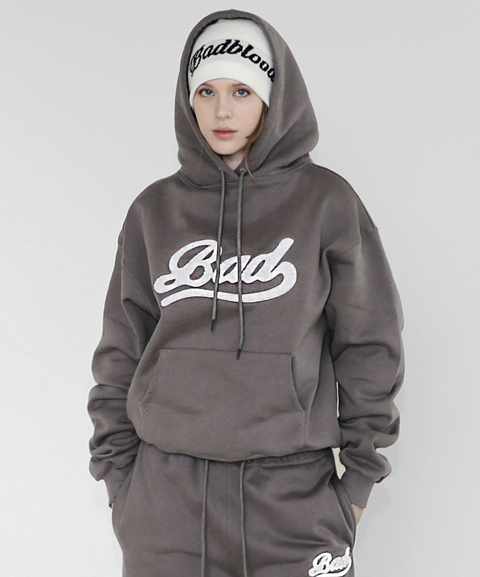 ★BADBLOOD ★BAD APPLIQUE HOOD MUSINSA | BADBLOOD Bad Applique Hood - Gray