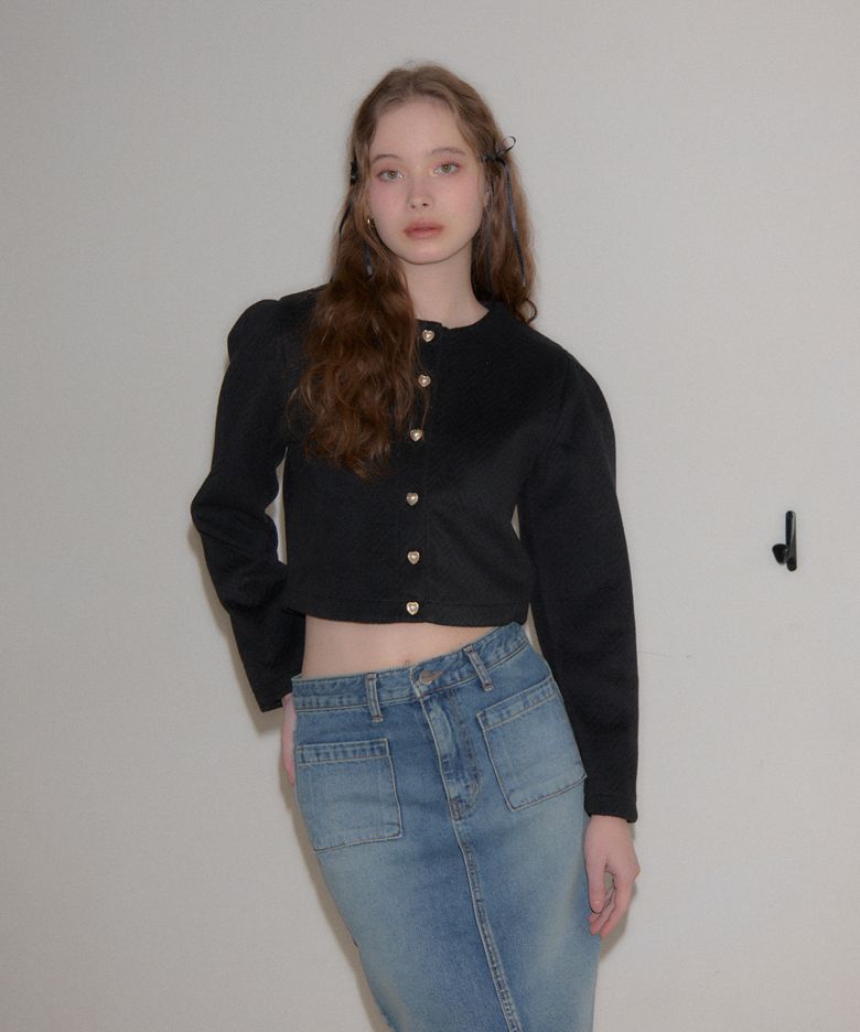 Heart Button Puff Shoulder Cardigan_ Black